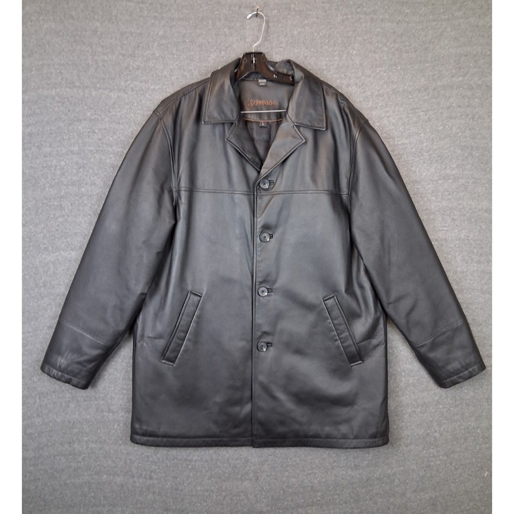 Stβ Johns Bay Mens Jacket Large Black Leather Quilt Lined Button Overcoat